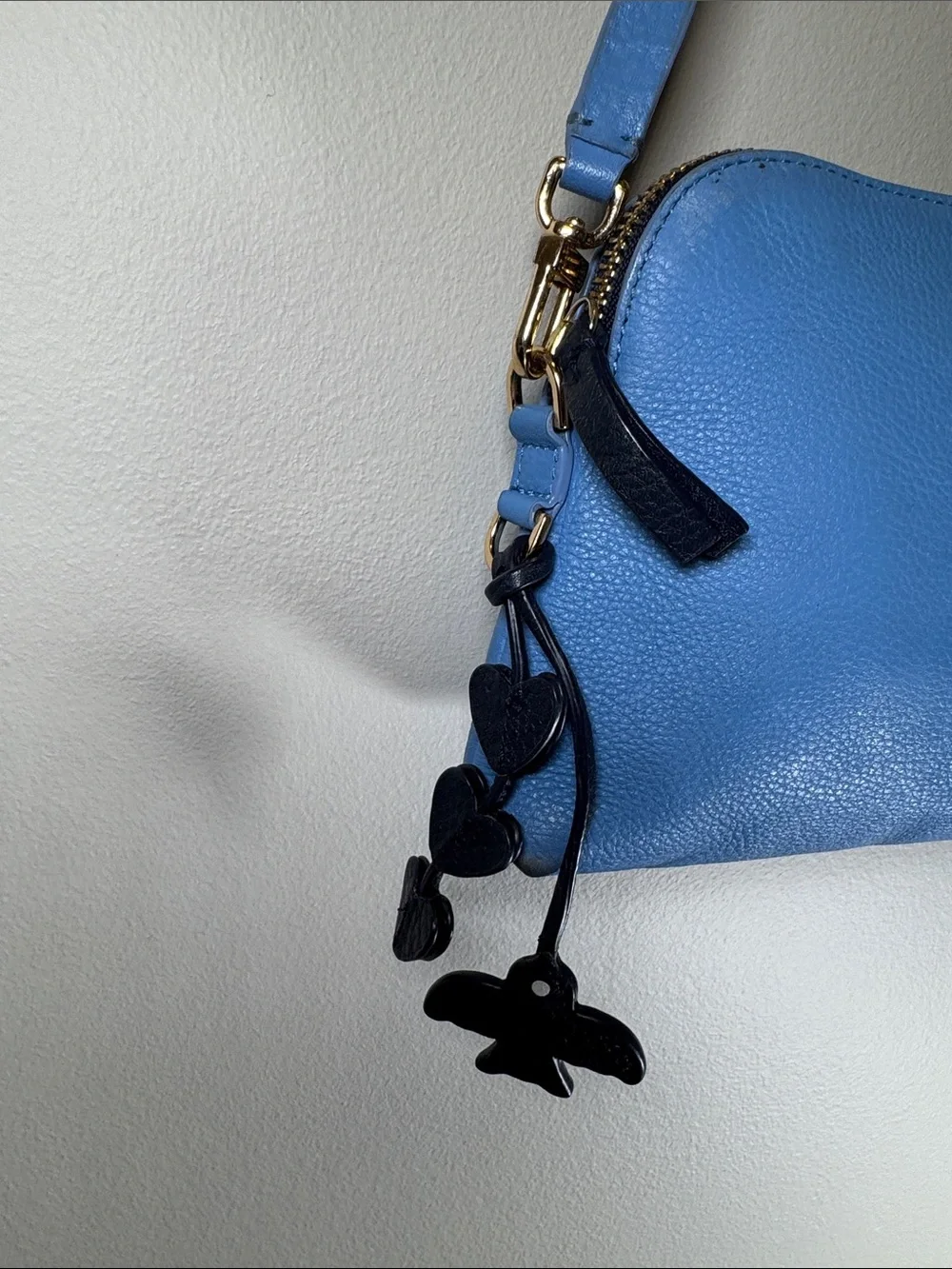 Tory Burch Blue Pebbled Leather Crossbody Bag + Twilly & Charms